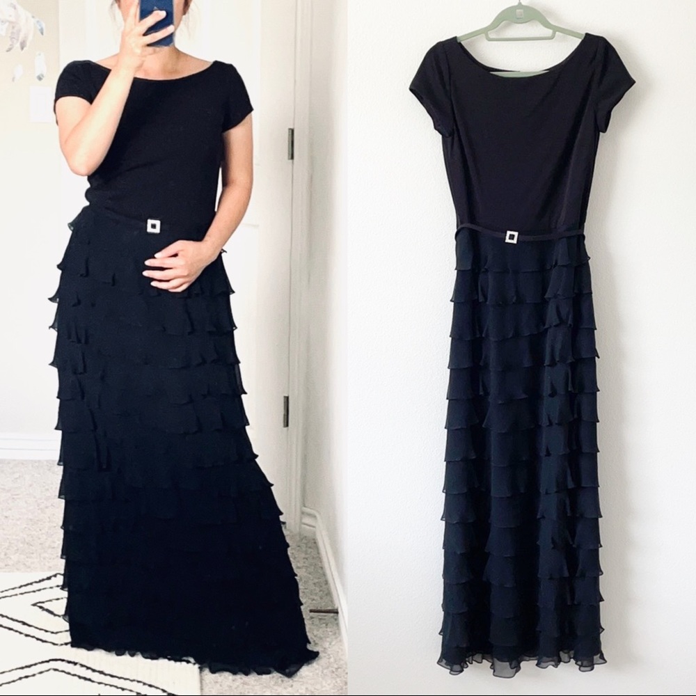 Black Tiered Ruffle Maxi Dress with Belt Accent